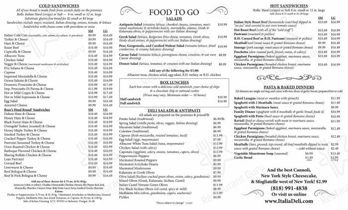 Italia deli agoura hills menu